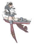  bad_id battleship boat brown_eyes brown_hair chain chains crossed_arms giantess grey_hair hair_over_one_eye hat imperial_japanese_navy kongou_(battleship) mecha_musume minigirl peaked_cap red_eyes sano_toshihide ship simple_background straddle thighhighs uniform 