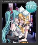  aqua_eyes aqua_hair blonde_hair breast_press breasts detached_sleeves hair_ornament hair_ribbon hairclip hatsune_miku headphones hirabaru_kenji kagamine_rin multiple_girls necktie orange_eyes ribbon short_hair skirt symmetrical_docking twintails vocaloid yuri 