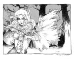  armor arrow bikini_armor blood bracer cape cloak elf face_paint forest hood long_hair midriff monochrome navel pointy_ears quiver smile sword sylvanas_windrunner torn_clothes tree undead warcraft world_of_warcraft 