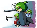  antenna antennae cape daiyousei fairy_wings frown green_eyes green_hair hoe kazami_yuuka minigirl open_mouth plaid plaid_skirt plaid_vest shaded_face short_hair side_ponytail sideways_mouth skirt skirt_set smile sword touhou ugif weapon wings worktool wriggle_nightbug 