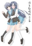  asakura_ryouko blue_hair brown_eyes cardigan glasses grey_hair hachikei hug long_hair multiple_girls nagato_yuki school_uniform short_hair suzumiya_haruhi_no_shoushitsu suzumiya_haruhi_no_yuuutsu translated translation_request 