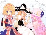  alice_margatroid apron artist_request blonde_hair blue_eyes book bow branch brown_eyes crescent dress hair_bow hairband hand_holding hat holding_hands kirisame_marisa leaf long_hair multiple_girls open_mouth patchouli_knowledge pink_hair profile ribbon short_hair short_sleeves smirk snow suspenders touhou wide_sleeves witch_hat 