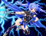  1girl belt blue_hair boots cape fang gao_(naodayo) greaves hair_ribbon highres holding leotard long_hair looking_at_viewer lyrical_nanoha mahou_shoujo_lyrical_nanoha_innocent material-l open_mouth red_eyes ribbon smile solo thigh-highs thigh_boots twintails vulnificus 