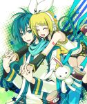  blue_eyes blue_hair bunny hair_ornament hair_ribbon hairclip hand_holding holding_hands hug kagamine_rin kaito kutenriri lowres rabbit ribbon scarf short_hair smile stuffed_animal stuffed_toy vocaloid 