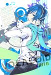  blue_hair casual hand_on_headphones headphones kaito kutenriri looking_back male scarf sheet_music vocaloid 