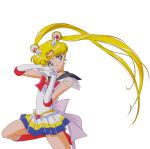  90s absurdres bishoujo_senshi_sailor_moon blonde_hair blue_eyes choker double_bun earrings elbow_gloves gloves highres itou_ikuko jewelry long_hair official_art sailor_moon scan school_uniform smile solo super_sailor_moon tiara tsukino_usagi twintails 