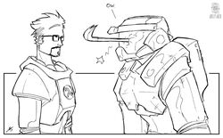  crowbar glasses gordon_freeman half_life halo_(game) master_chief monochrome traditional_media 