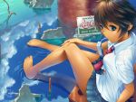  brown_hair cloud clouds engrish feet feet_in_water green_eyes legs mouth_hold necktie original ranguage reflection ripples signature skirt soaking_feet solo valyu water 