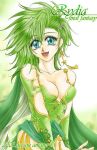  bare_shoulders breasts cape cleavage detached_sleeves dress earrings final_fantasy final_fantasy_iv green_eyes green_hair hair_ornament jewelry lipstick rydia smile 