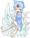  ahoge barefoot bloomers blue_eyes blue_hair bow cirno dress dress_lift feet food fruit hair_bow hair_ribbon ice lowres melting mouth_hold oekaki poketto popsicle ribbon short_hair sitting solo touhou watermelon wings 