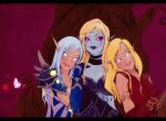   3girls alleria_windrunner armlet bikini_armor blonde_hair elf face_paint gauntlets gloves glowing_eyes high_elf pointy_ears red_eyes siblings grey_eyes sisters smile sylvanas_windrunner tree undead vareesa_windrunner warcraft white_hair world_of_warcraft  