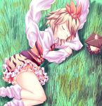  artist_request blonde_hair grass hair_ornament jeweled_pagoda lying multicolored_hair on_side sleeping tiger_print toramaru_shou touhou touru_tarou 