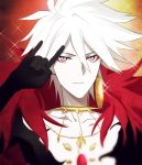  1boy \m/ armor blue_eyes expressionless fate/apocrypha fate_(series) flat_gaze jewelry lancer_of_red sindri single_earring slit_pupils solo white_hair 