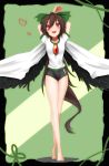  1girl arms_up bare_legs barefoot bird_wings black_wings brown_hair buruma cape commentary_request frame gym_uniform hair_bobbles hair_ornament heart legs long_hair open_mouth red_eyes reiuji_utsuho shirt short_sleeves smile solo third_eye touhou very_long_hair wings yamato_(muchuu_paradigm) 