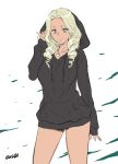 1girl artist_name blonde_hair character_request copyright_request dark_skin english eyelashes green_eyes hoodie joy_ride lipstick long_hair makeup signature simple_background sketch solo tagme white_background 