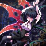  1girl alternate_wings arms_up black_hair chain covered_navel cuffs houjuu_nue loussier666 magic_circle open_mouth pantyhose red_eyes ribbon short_hair solo torn_clothes torn_pantyhose touhou vines wings 