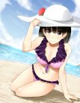  1girl arm_support beach bikini black_hair blush breasts cleavage flower frilled_bikini frills hako_roku hat hat_flower hibiscus holding_hands looking_at_viewer navel ocean original pink_bikini sitting smile solo swimsuit yokozuwari 