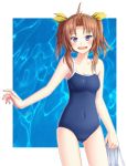  0625a 1girl brown_hair covered_navel hair_ribbon kagerou_(kantai_collection) kantai_collection looking_at_viewer open_mouth ribbon school_swimsuit solo swimsuit twintails violet_eyes 