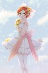  1girl bouquet bow dress flower frilled_dress frills hoshizora_rin ivioss looking_at_viewer looking_back love_live!_school_idol_project orange_hair short_hair smile solo thigh-highs yellow_eyes zettai_ryouiki 