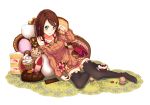  1girl black_legwear blush bow breasts brown_hair cake chocolate cupcake food food_as_clothes food_themed_clothes green_eyes highres juu. looking_at_viewer original smile solo thigh-highs 