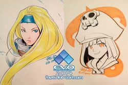  2girls blonde_hair blue_eyes bust face guilty_gear hat headband jeffrey_cruz lips long_hair marker_(medium) may_(guilty_gear) millia_rage multiple_girls pirate_hat traditional_media very_long_hair 