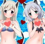  2girls animal_ears bikini bikini_top blue_background blush brown_hair eila_ilmatar_juutilainen green_eyes heart heart_hands inoue_mitan multiple_girls navel purple_hair sanya_v_litvyak silver_hair smile strike_witches striped striped_bikini striped_swimsuit swimsuit tail 