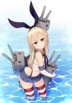  1girl :3 blonde_hair elbow_gloves gloves hairband highres kantai_collection long_hair looking_at_viewer machinery microskirt navel open_mouth panties rensouhou-chan shimakaze_(kantai_collection) skirt solo striped striped_legwear thigh-highs ti-tang turret underwear yellow_eyes 