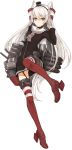  1girl adjusting_hair amatsukaze_(kantai_collection) brown_eyes kantai_collection long_hair miruto_netsuki rensouhou-kun solo standing_on_one_leg striped striped_legwear thigh-highs two_side_up very_long_hair white_background white_hair 