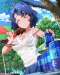  1girl ^_^ barbecue blue_hair bracelet breasts cleavage closed_eyes eating idolmaster idolmaster_million_live! jewelry messy_hair necklace official_art short_hair soda_can tank_top toyokawa_fuuka 