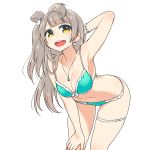  1girl blush bra breasts chan_co cleavage earrings jewelry large_breasts long_hair looking_at_viewer love_live!_school_idol_project minami_kotori necklace open_mouth panties side_ponytail silver_hair simple_background smile solo thigh_strap underwear underwear_only white_background yellow_eyes 