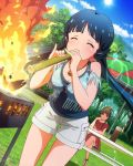  2girls bamboo barbecue blue_hair breasts brown_hair cleavage fire idolmaster idolmaster_million_live! jewelry kitakami_reika long_hair multiple_girls necklace official_art shorts tenkuubashi_tomoka twintails 
