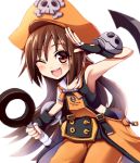  1girl anchor brown_eyes brown_hair fingerless_gloves flat_chest gloves guilty_gear hat huge_weapon long_hair masa_tarou may_(guilty_gear) pirate pirate_hat salute skull_and_crossbones solo weapon 