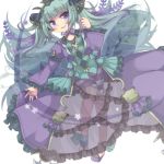  1girl anklet aqua_hair astaroth_(p&amp;d) bloomers blush bow demon_girl demon_horns dress fishnets frilled_dress frilled_sleeves frills hair_ornament horns jewelry kawachi_(hina) long_hair long_sleeves open_mouth puffy_long_sleeves puffy_sleeves purple_bow purple_dress puzzle_&amp;_dragons simple_background smile solo star striped twintails underwear vines violet_eyes white_background 