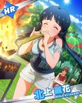  2girls bamboo barbecue blue_hair breasts brown_hair character_name cleavage fire idolmaster idolmaster_million_live! jewelry kitakami_reika long_hair multiple_girls necklace official_art shorts tenkuubashi_tomoka twintails 