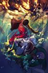  2girls ass bare_shoulders boots breasts bubble detached_sleeves fish_girl green_hair green_skin gun hat headdress league_of_legends long_hair mermaid monster_girl multiple_girls nami_(league_of_legends) pants red_eyes redhead sarah_fortune scales shilin skin_tight smile submerged underwater water weapon 