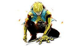  1boy black_sclera blonde_hair cyborg esuo_(sokamen) genos one_knee onepunch_man short_hair vest yellow_eyes 