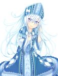  1girl alternate_costume baretto blue_eyes dress hat hibiki_(kantai_collection) kantai_collection long_hair looking_at_viewer russian_clothes smile solo white_background white_hair 