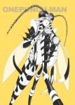  1girl antennae claws esuo_(sokamen) horn insect_girl insect_wings monochrome mosquito mosquito_girl no_hands onepunch_man orange_eyes personification solo spot_color wings yellow_background 
