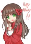  1girl arima_miyako brown_hair denpaken_pochi green_eyes hands_together happy_birthday highres long_hair melty_blood open_mouth simple_background sketch smile solo tsukihime white_background 