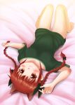  1girl animal_ears barefoot blush bottomless bow braid breasts cat_ears collarbone extra_ears hair_bow kaenbyou_rin knees_up looking_at_viewer lying on_back on_bed red_eyes redhead shirt shiryuu_(blackeend009) short_hair short_sleeves smile solo touhou twin_braids upside-down 