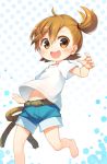  1girl ahoge barakamon barefoot blush brown_eyes brown_hair duplicate kito_(sorahate) kotoishi_naru looking_at_viewer navel open_mouth outstretched_arm rope short_hair short_sleeves shorts side_ponytail smile solo 