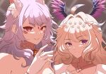  2girls ahoge animal_ear_fluff animal_ears bangs blonde_hair bow closed_mouth cowlick cropped dress enna_alouette ethyria flower fox_ears gloves grey_hair hair_bow hair_flower hair_ornament head_wings katcmanga long_hair looking_at_viewer looking_to_the_side multiple_girls nijisanji nijisanji_en nina_kosaka parted_lips portrait red_eyes short_hair sidelighting smile stage_lights violet_eyes white_dress white_gloves 