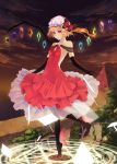  1girl absurdres bare_shoulders bat_(concon911) blonde_hair dress elbow_gloves flandre_scarlet gloves hat highres magic_circle night night_sky panties red_dress short_hair sky solo standing_on_one_leg touhou twilight underwear wings 