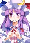  1girl bespectacled blush bust crescent_moon e.o. glasses hat highres long_hair moon patchouli_knowledge pink-framed_glasses purple_hair solo steepled_fingers touhou violet_eyes white_background 