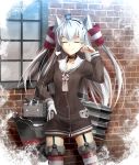  1girl :3 adjusting_hair amatsukaze_(kantai_collection) black_panties closed_eyes garter_straps gloves hair_tubes highres kantai_collection kouji_(astral_reverie) long_hair panties rensouhou-kun see-through silver_hair single_glove smug solo striped striped_legwear thigh-highs two_side_up underwear white_gloves 