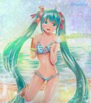  1girl bikini green_eyes green_hair hatsune_miku long_hair mayo_riyo popsicle swimsuit twintails vocaloid watermelon_bar 