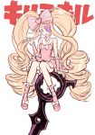  1girl blonde_hair boots bow dress drill_hair earrings eyepatch hair_bow harime_nui jewelry kill_la_kill long_hair mebachi_maguro pinky_out scissor_blade sitting smile solo twin_drills twintails wrist_cuffs 