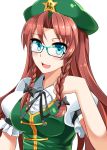 1girl adjusting_hair bespectacled blue_eyes blush braid brown_hair bust e.o. glasses green-framed_glasses hat highres hong_meiling long_hair open_mouth solo touhou twin_braids white_background 