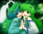  2girls backpack bag bare_shoulders blue_eyes blue_hair blush bust detached_sleeves dress forest frog_hair_ornament green_eyes green_hair hair_bobbles hair_ornament hair_tubes hands_clasped hands_together hat kawashiro_nitori key kochiya_sanae long_hair long_sleeves looking_at_viewer multiple_girls nature open_mouth pocket ribbon rock shiratama_(hockey) short_hair short_twintails snake_hair_ornament touhou twintails water waterfall 