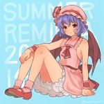  1girl adapted_costume bare_arms bare_shoulders bat_wings bloomers blue_background blue_hair dress inari_(kimitama0902yahoocojp) light_smile looking_at_viewer pink_dress red_eyes remilia_scarlet sitting sleeveless sleeveless_dress solo touhou underwear upskirt wings wrist_cuffs 